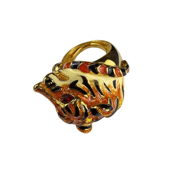Vintage GKJ Enamel Gold Tone Adjustable Tiger Statement Ring Intricate Design - Picture 3 of 5